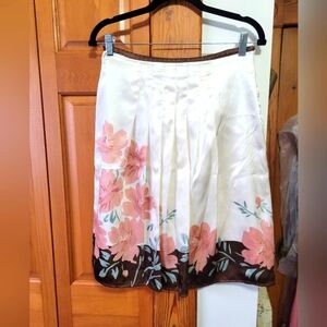 NWOT 100% Silk Floral Cream Ivory & Pink Brown Pleated Skirt 6P Petite